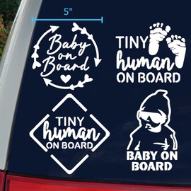 SLACED Baby On Board Decal 4 Pack: Baby On Board Heart Arrows, Tiny Human On Board Sign, Baby Foot Prints, Baby On Board Sunglasses Decals (White, Large ~5"")