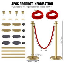 kaiyomi 4Pcs Posts with Red Velvet Ropes Set, 5 Feet Crowd Control Stanchions Kit for Red Carpet Party Crown Decoration and Ribbon Cutting Ceremony (Golden)