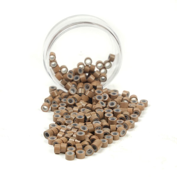 200Pcs Beads Silicone Aluminium Micro Nano Rings 5mm Lined For I Tip/Nano Hair Extensions Tool Beads (Light Brown-1 Bottle)