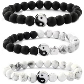 2-3Pcs Handmade Yin Yang  Stone Bead Bracelet Set for Women Men  Friend Adjustable Braided Cord Strand Tai Chi Gossip Couple Matching Bracelet Friendship - Color: F pendant