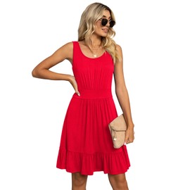 LILBETTER Women's Short Sleeveless Dress Knee Length Pleated Tank Dress(Red, Small)
