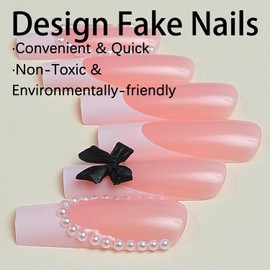 Press on Nails Coffin Long French 24Pcs Glossy Full Cover Acrylic Square False Nails with Pear Bow Designs Artificial Ballerina Fake Nails with Charms Glue Stick on Fingernails for Women Girls