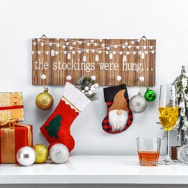 Blulu Christmas Stocking Holders with 5 Hooks Wood Christmas Stocking Hangers for Wall the Stockings Were Hung Wooden Sign Xmas Wall Mount Stocking Hooks Rack for Mantle Fireplace Christmas Decoration