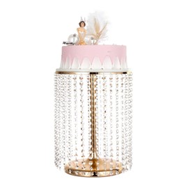 Bigsee - Soporte redondo de metal para pasteles con colgantes de cristal y cuentas, soporte dorado de 12 pulgadas para decoración de pasteles, plato de exhibición para mesa de postres, boda