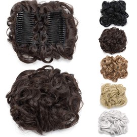 Silk-co Messy Curly Hair Bun Extension Stretch Combs Clip in Ponytail Scrunchie Chignon Hairpieces # Light Brown