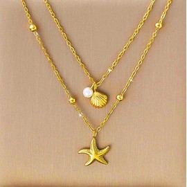 Asooll Bohu Pendant Necklace Gold Starfish Necklace Chain Pearl Shell Layered Necklaces for Women