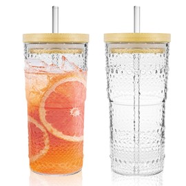2 Pack 20oz Hobnail Drinking Glasses with Bamboo Lids and Glass Straw,High Borosilicate Glass Tumbler Cup Reusable Wide Mouth Smoothie Cups,Beer, Iced Coffee Glasses, Soda