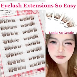 Brown Self Adhesive Eyelash Clusters Press On Eyelash LASGOOS Natural BB Curl 3D Lash Individual 9-12mm 64Cluster Pre-Glued Long-Lasting DIY Eyelash E