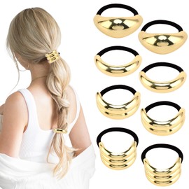 8 Pcs Metal Hair Ties, Metal Ponytails Hair Cuffs Gold Hair Cuff Wrap Hair Ties Fashion Glossy Arch Ponytail Hair Tie Metal Geometric Elastic Hair Ties for Women Hair Accessories, 4 Styles