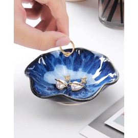 Lotus Leaf Shape Decorative Ring Tray, Small Key Bowl, Ceramic Trinket Tray Jewelry Dish Organizing Necklace Earrings, Home Decoration for Mom Best Friend Sister, Blue.