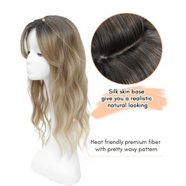Hair Toppers for Women 20inch Wavy Hair Toppers for Women Toppers Hair Pieces for Women with Thinning Hair Ombre Highlight Synthetic Wig Clip In Hair Topper Wiglets with Fringe Bang Add Hair Volume