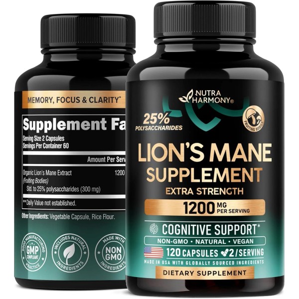 NUTRAHARMONY Lions Mane Supplement Capsules - Organic - 120 Count