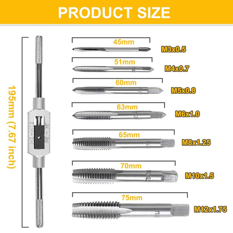 COLYUPO 8Pcs Thread Taps Set Adjustable Tap Wrench Kit with