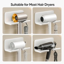 Hair Dryer Holder for Vanity Desk Accessories, Blow Dryer Hanger Wall Mount for Hair Dryer Hook, Self Adhesive Hair Dryer Stand Bracket, Organizer Stand with Plug&Cord Organizer for Bathroom(White)