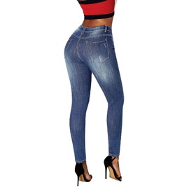 roswear Women's Ripped Mid Rise Destroyed Skinny Jeans Denim Large