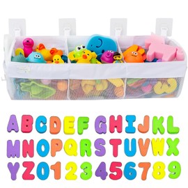 Comfylife Large Bath Toy Organizer with Letters and Numbers – 3 Compartment Bath Toy Holder for Bathtub & Shower – Quick-Dry Mesh with 4 Strong Adhesive Hooks