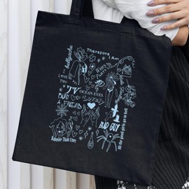 Willow Gifts Billie Doodle Tote Bag - Eilish Happier Than Ever Bad Guy Ocean Eyes Bury a Friend Carrier Shopper Shopping Bag (Black)