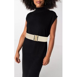 Rumnoke Wide Stretch Belt for Women Elastic Cinch Waistband for Ladies Dresses Beige + Gold Fit Waist 34"-37"