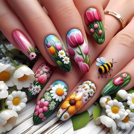Spring Colorful Press on Nails Medium Almond Fake Nails Flowers Glue on Nails Cute Press on Nails Glossy Stick on Nails Reusable Full Cover Artificial Acrylic False Nails Kit for Women Girls 24Pcs
