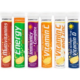 Vitamin Store Variety Pack Effervescent Tablets - 6 Packs Variety of 20 Flavoured Dissolvable Fizzy Supplement - Contains Vitamins C, D, Zinc & Selenium