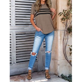 LEANI Women’s Short Sleeve T Shirts Crewneck Striped Color Block Tunic Tops Loose Casual Summer Tee, Coffee, XL