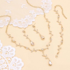 Oriamour Gold Bridal Jewelry set Crystal Wedding Jewelry Champagne Rhinestone Necklace Earrings Bracelet Set For Women
