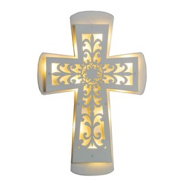 ADAVAS.Y&G Lighted Wall Cross with Fleur-de-lis cutout Design, White Wooden Cross for Wall Battery Operated 12" H