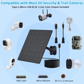 10W Solar Panel for Security Cameras, DC/USB-C/USB, Black, 2 Pack