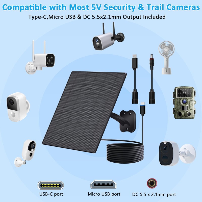 10W Solar Panel for Security Cameras, DC/USB-C/USB, Black, 2 Pack