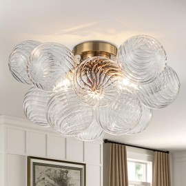 Semi Flush Chandelier Gold, Modern Light Fixtures Ceiling Mount Visual Comfort Lighting Pendant 3 Light Dining Chandeliers Over Table Glass 17.72in 13 Clear Swirled Globe for Foyer Bedroom Kitchen