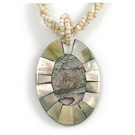 Oval Shell Pendant Antique White Glass Bead Twisted Rope Necklace in Beige/Silvery Grey/Abalone Colours - 44cm L