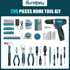 Sundpey Tool Kit 206PCs with Drill - 12V Cordless Power Drill Combo Home Tool Set - Portable Basic General Household Toolbox for Men Women for Garden Office House Repair (Screwdriver Set & Pliers Set)