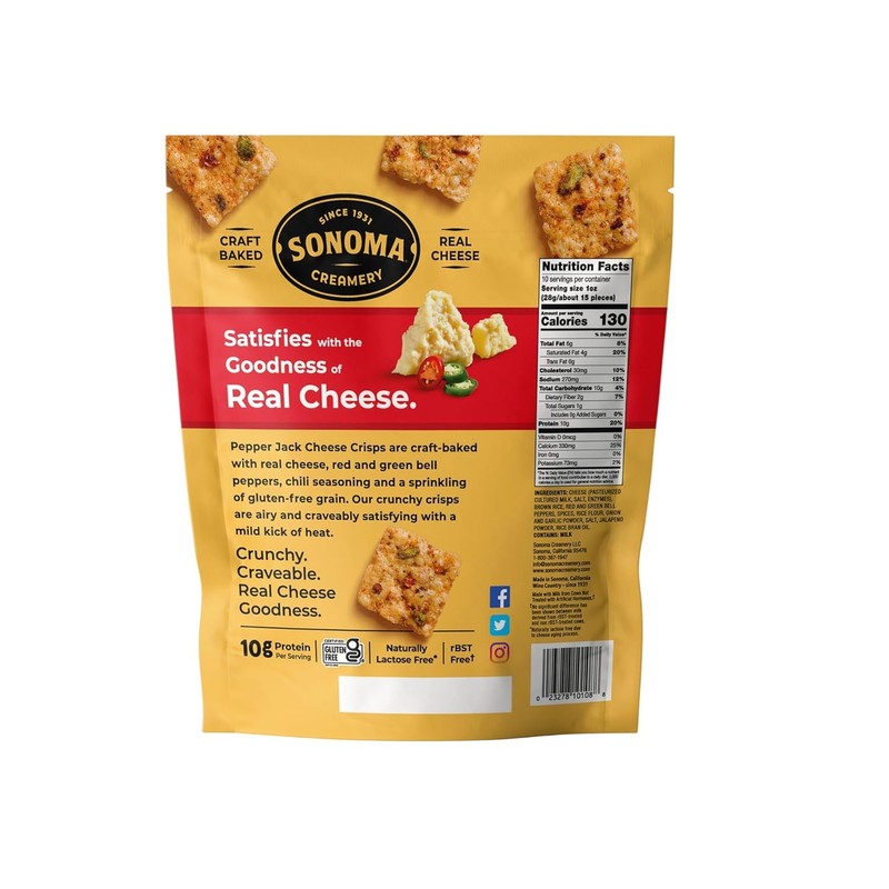 Sonoma Creamery Pepper Jack Cheese Crisps, Gluten Free, Craft Baked,