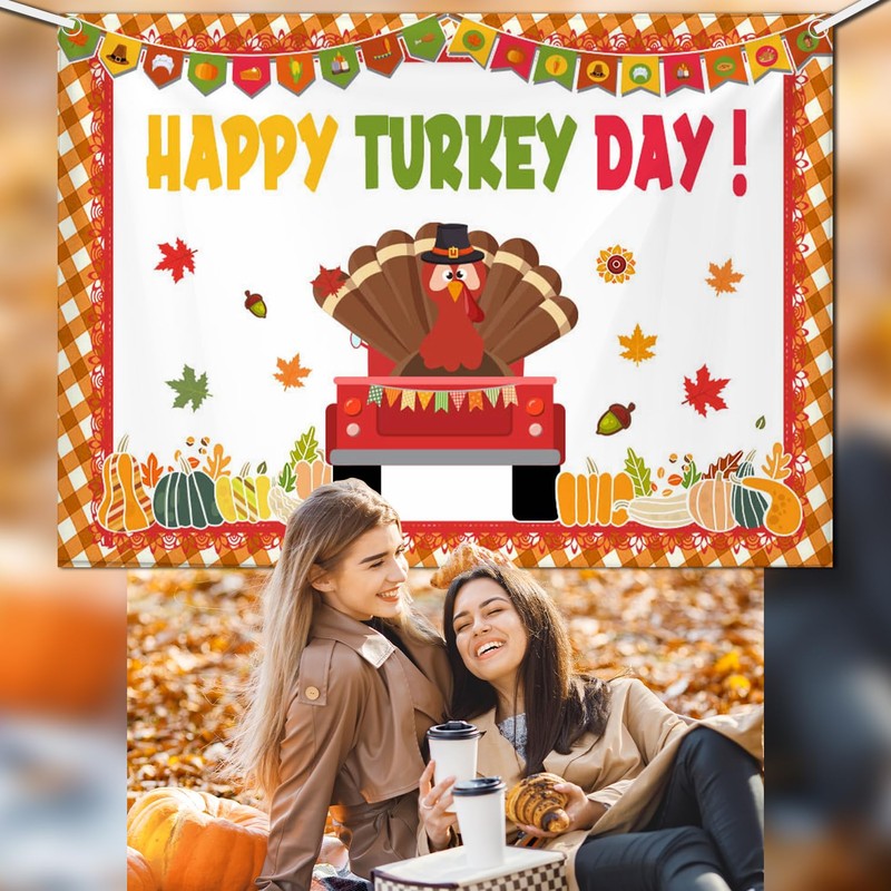 AIBIIN 7x5ft Thanksgiving Happy Turkey Day Banner Backdrop Pumpkin Turkey