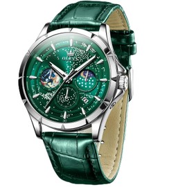 OLEVS Mens Watches Green Starry Sky Moon Phase Dial Luxury Business Dress Analog Quartz Classic Casual Date Leather Wrist Watches Waterproof Luminous