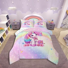 Twin Size Comforter Set for Girls,Rainbow Pink Unicorn Bedding Sets for Girls Cute Reversible Galaxy Stars Quilt Comforter With Alphabet Initial Letter C,Teens Children Cartoon Unicorn Room Decor