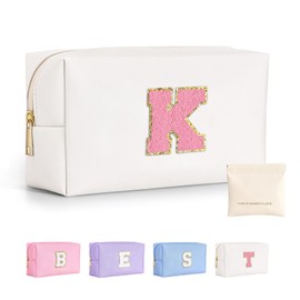 LIAN Initial Makeup Bag Personalized Cosmetic Bags Cute Makeup Pouch Travel Bags Birthday Gift for Women Preppy Things for Girls (White-K)