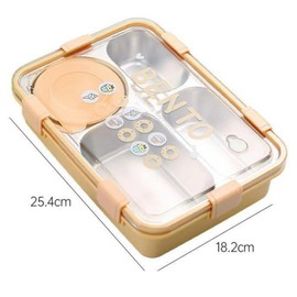 Stainless Steel Lunch Box, 4 Compartments 900ML 304 Stainless Steel Bento Lunch Box with Lid, Soup Bowl, Chopsticks, Spoon, Reusable Lunch Container for Students Workers (Yellow)