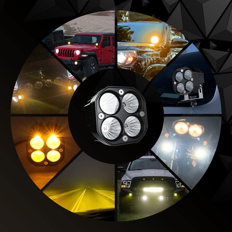 ASLONG 2PCS 3Inch Flood LED White/Amber Flasing Strobe Pods with