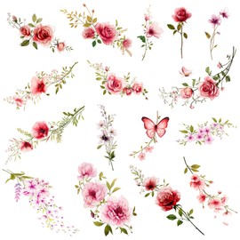 Nirbffo Flowers Temporary Tattoos Stickers Rose Red Flower for Women Body Arm Art Fake Body Art Tattoos for Women Girls 16 Piece