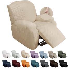 YEMYHOM 4 Pieces Stretch Recliner Slipcover Latest Jacquard Recliner Chair Cover with Side Pocket Anti-Slip Fitted Recliner Cover Couch Furniture Protector with Elastic Bottom (Recliner, Beige)