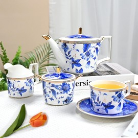 LE POTOCIO Bone China Tea Cup and Saucer Set, Bone China Coffee Cups and Saucers, Vintage Blue and White TeaCups snd Saucers Gift for Mom Friend Tea Party (dark blue)