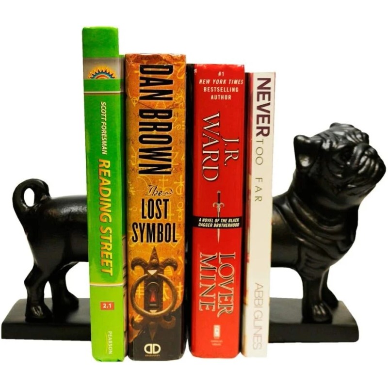 Livevie Pug Figure Decorative Bookends, Heavy Duty Metal Non-Skid Bookends