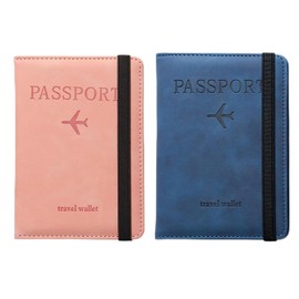2PCS Passport Holder,Passport Covers with RFID Blocking, SIM Slot Passport Wallet Case Passport Travel Book Holder Cover Case,PU Leather Document Organizer Protector for Boarding Passes (Blue & Pink)