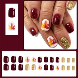 Fall Maple Leaf Short Square Press on Nails with Thanksgiving Day Design Gold Glitter Autumn Leaf Wine Red Stick on Nails Maple Leaf Glue on Nails Full Cover Acrylic Nail Art Kit for Women 24 Pcs