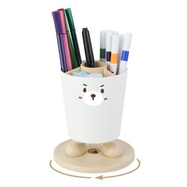 Lvjkes Children's Pen Holder, Rotating Pen Holder 360°, Desk Organiser with 4 Compartments, Removable and Easy to Clean, Bear Expression Pen Holder Desk for Office, Home, School (Khaki)