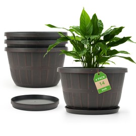 Quarut 14 Inch Plastic-Flower-Pot-for-Indoor-Plants, 4 Pack Large Outdoor Planter Pot with Drainage Holes & Saucers, Resin Decorative Garden Pots Planters（Brown）