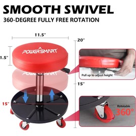 PowerSmart 360°Rolling Mechanic Stool with Tool Tray,300 lbs Capacity, Adjustable 15-20 Inches, Ideal for Garage/Shop Use,PS1101