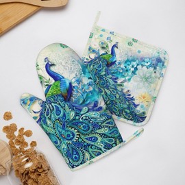 Peacocks and Flowers Oven Mitts and Pot Holders Set Heat Resistant Non-Slip Silicone Oven Mittens with Oven Gloves and Hot Pads Potholders for BBQ Kitchen Baking Cooking, Quilted Liner