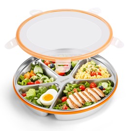 OUTFANDIA Stainless Steel Portion Control Plate with Lids, Divided Plates for Adults, 10.6in Deep Divided Lunch Boxes with Secure Locking Plastic Lids, Reusable Camping Serving Dinner Plates